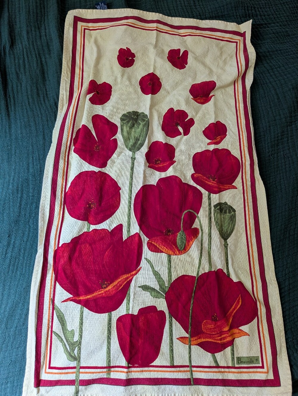 Vintage Tea Towel Poppies France Linem Cotton Cottagecore Maximilist European